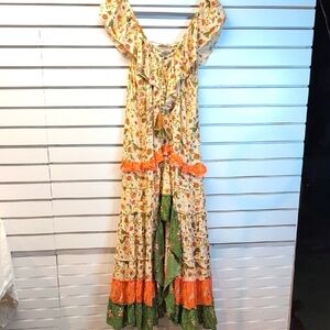 Z&L Europe Woman Cotton Floral Maxi Dress Boho Tiered Flowy M/L